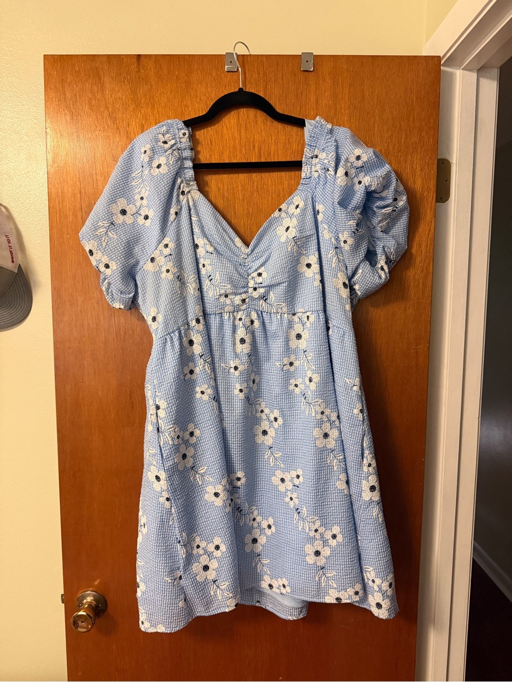 ARULA Sky Blue Floral V-Neck Puff Sleeve Mini Dress
